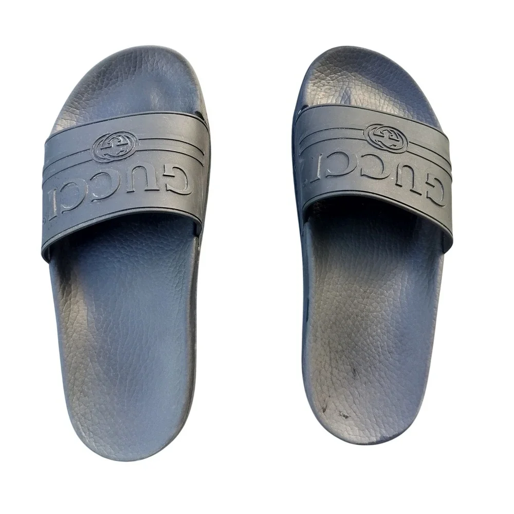 Gucci Rubber Logo Slides Sandals Dark Grey Interlocking G Made in Italy‎ 12